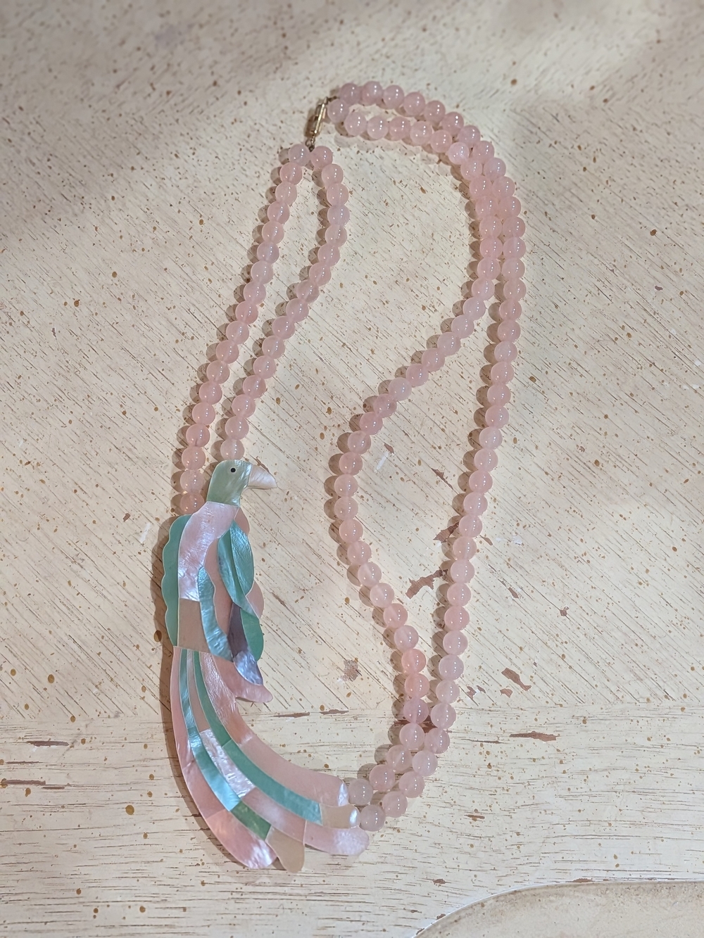Rose Quartz Beaded Parrot Pendant Necklace - Pink